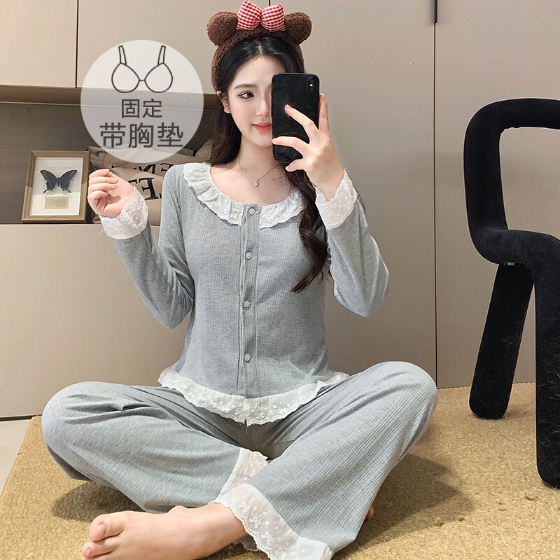Women's pajamas with chest pads for spring and autumn, 6535 cotton lace cardigan long-sleeve set, loose and sweet, can be worn outside as home wear Women's pajamas with chest pads for spring and autumn, 6535 cotton lace cardigan long-sleeve set, loose and sweet, can be worn outside as home wear