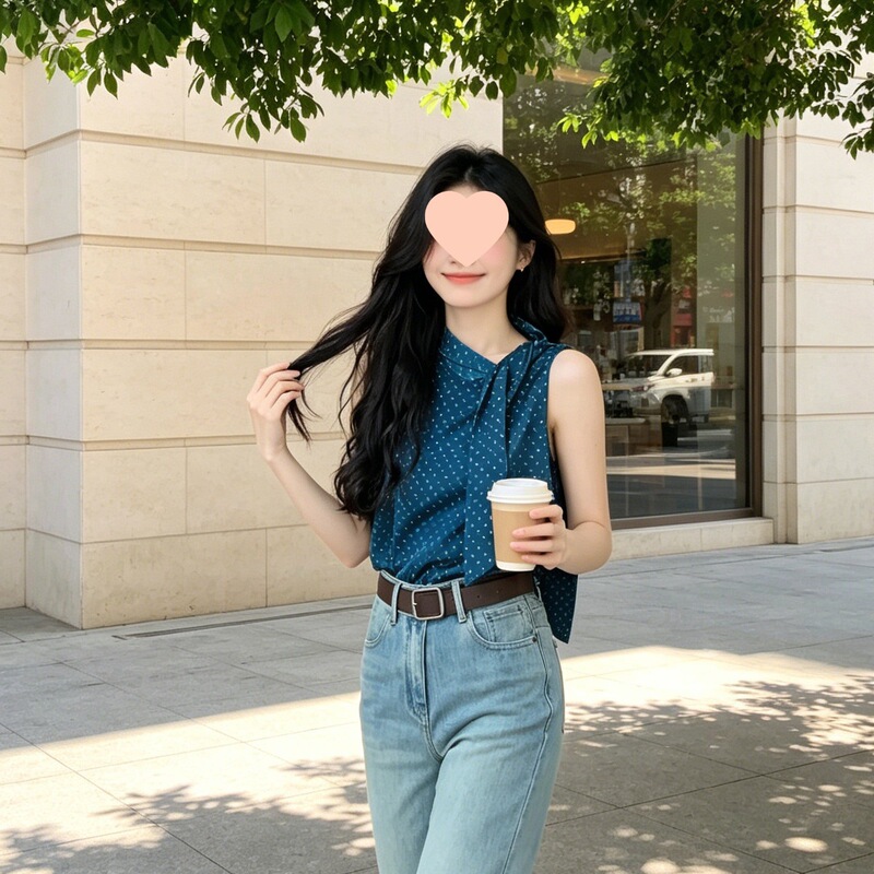 Beautiful and Stylish Women's Shirt, 2026 New Summer Korean Style Blue Polka Dot Sleeveless Top with a Tie Collar Beautiful and Stylish Women's Shirt, 2026 New Summer Korean Style Blue Polka Dot Sleeveless Top with a Tie Collar
