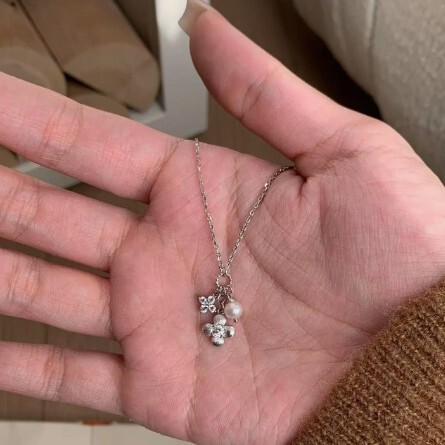 s925纯银轻奢点钻四叶草珍珠花藤项链女小众设计高级感百搭锁骨链|undefined