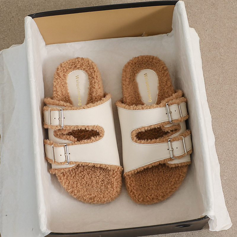 Meisje Bont Slippers Dames S Bovenkleding Herfst En Winter Een Woord Riem Plus Fleece Katoenen Schoenen Om Warm Te Houden Net Rood Groot Formaat_voghion.com