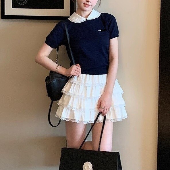 Y Small Roll Miu Style Preppy Style Doll Collar Knitted Short-Sleeved T-Shirt Women's Age-Reducing Fake Two-Piece Top Women's Summer