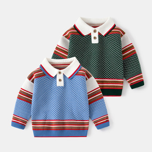 New Autumn Boys Striped Children's Wear Trendy Pullover Long Sleeve Top Casual Striped Cotton Lapel Sweater