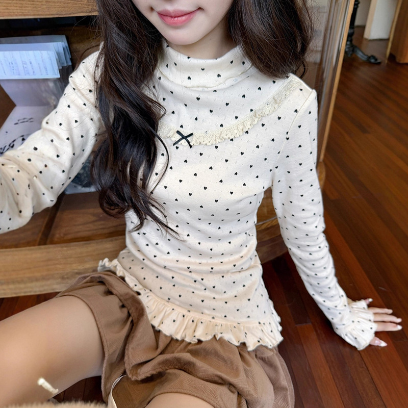 2025 New Autumn and Winter Sweet High Collar Heart Polka Dot Lace Bow Ruffle Design Bottoming Shirt Top 2025 New Autumn and Winter Sweet High Collar Heart Polka Dot Lace Bow Ruffle Design Bottoming Shirt Top