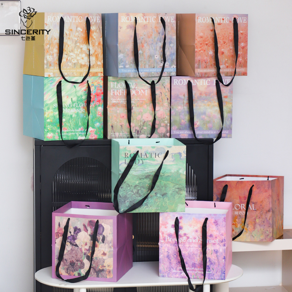 Nuevo estilo de pintura al óleo de siete colores cordier inglés bolsas de mano de flores rojas flores materiales de embalaje de flores portátiles