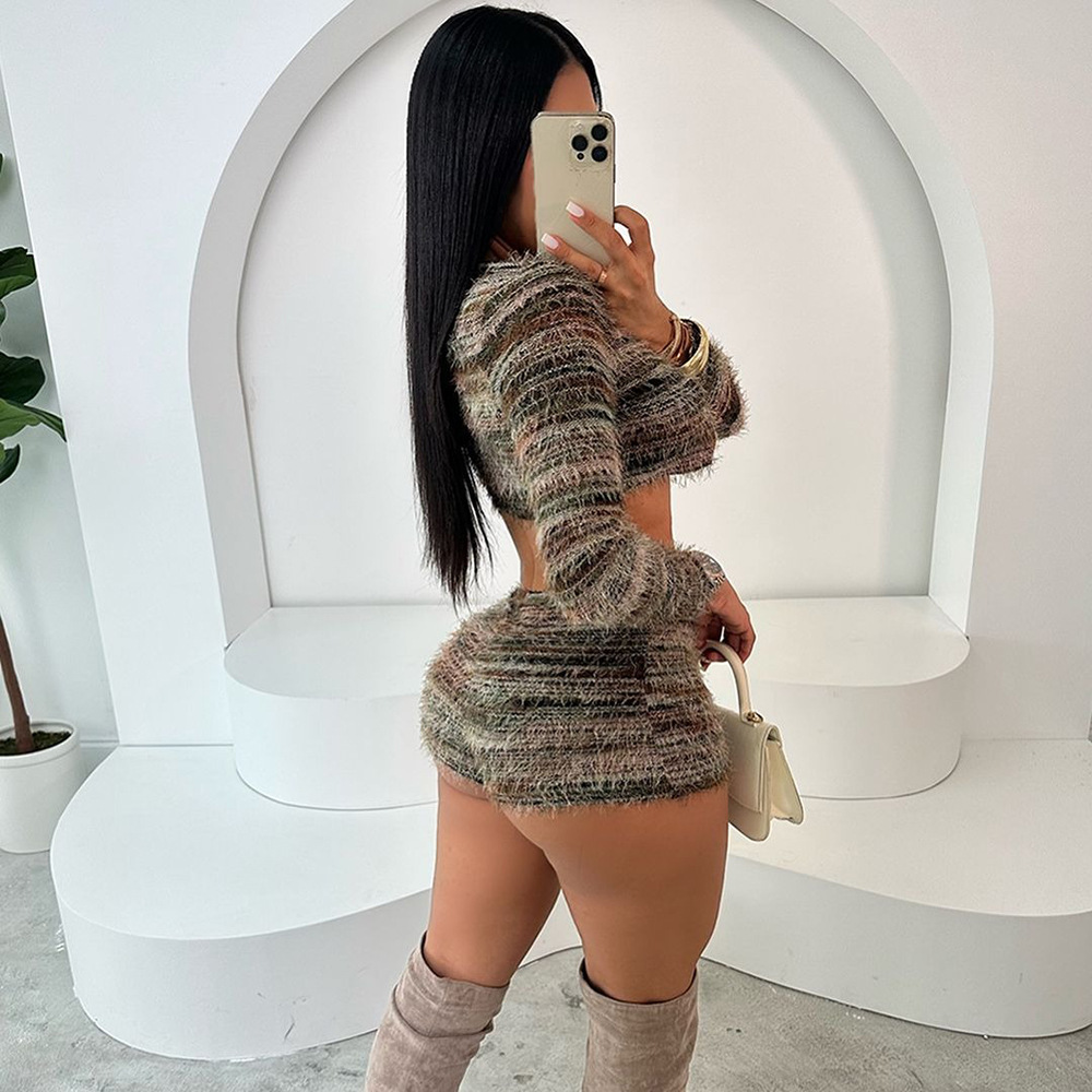 Women Clothing Autumn Winter Pine Needle Wool Exposed Cropped Hollow Out Cutout out Strap Short Shipment Long Sleeve Two Piece sets 7 Women Clothing Autumn Winter Pine Needle Wool Exposed Cropped Hollow Out Cutout out Strap Short Shipment Long Sleeve Two Piece sets