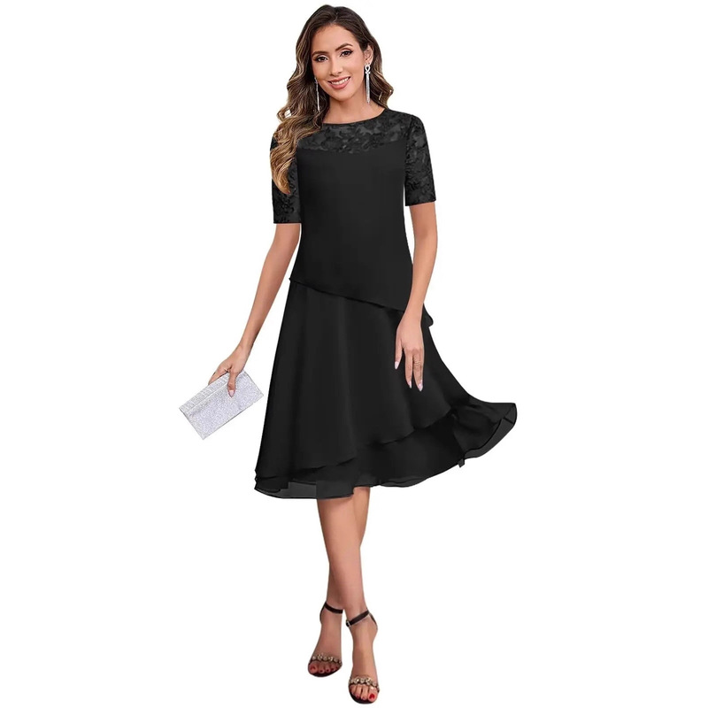 Chiffon Tea-Length Mother of the Bride Wedding Dress A-Line Lace Ruffle Formal Evening Dress with Sleeves Cross-Border Supply