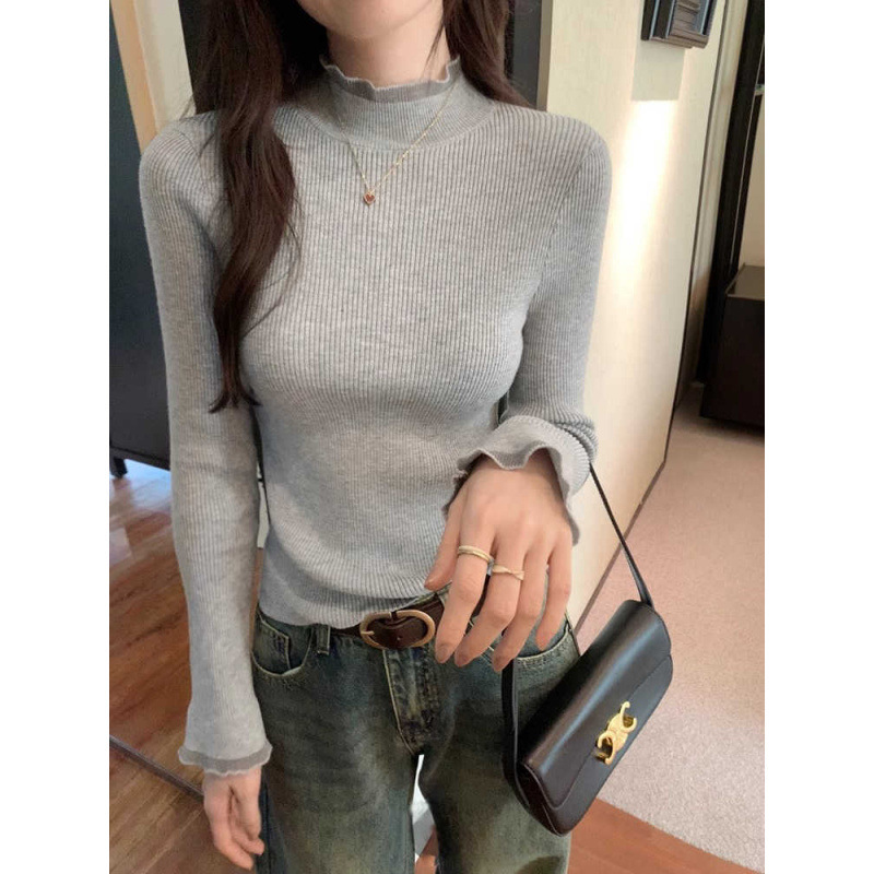 灰色半高领韩系木耳边打底衫女内搭上衣冬季修身短款立领针织毛衣