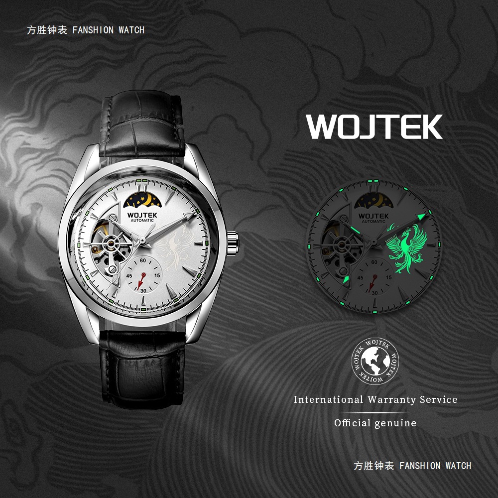 Wojtek Suzaku Pattern Dial Tourbillon Mechanical Watch for Men, Sun, Moon, and Stars, Waterproof, Business, Fully Automatic Mechanical Watch