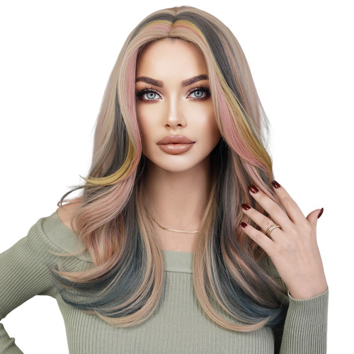 New European and American fashion wig, medium-parted long curly hair, large wave gradient, rose mesh chemical fiber women's wig full head cover