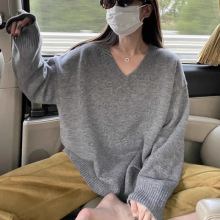 美式大码慵懒风v领宽松套头针织衫女2025新款秋冬宽松休闲毛衣