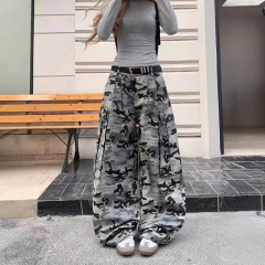 梵思羽美式复古迷彩工装牛仔裤女潮牌宽松百搭拼接阔腿拖地长裤子