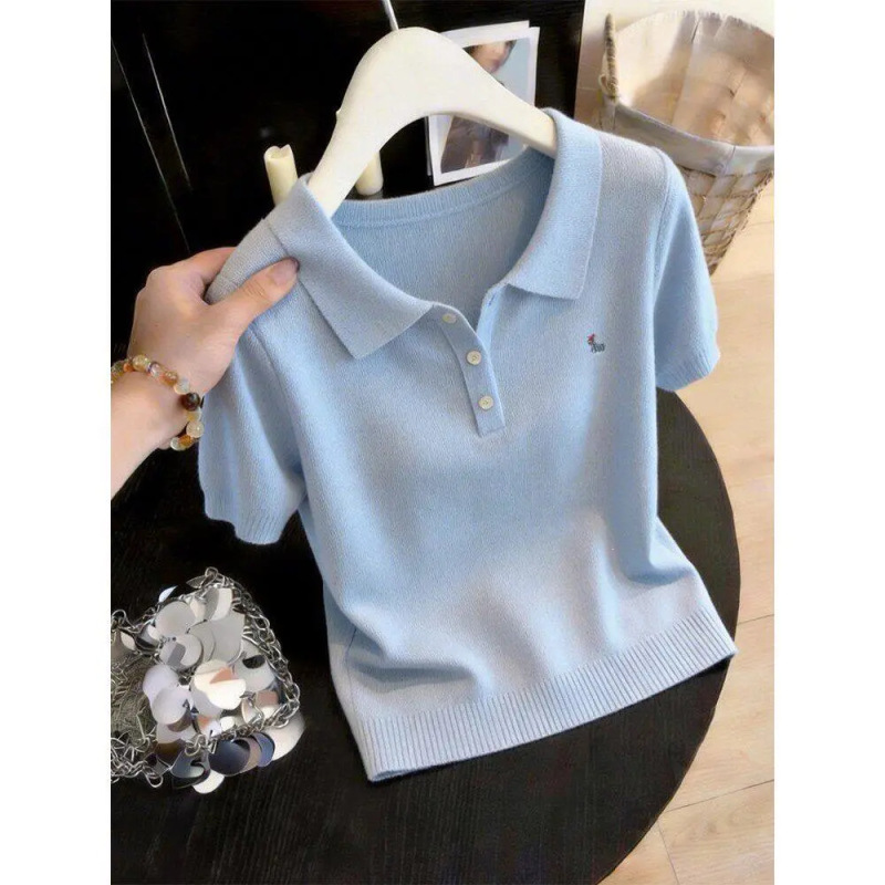 French-Style Polo Collar Ice Silk Knit Short-Sleeve T-Shirt for Women, 2026 Summer Hot-Selling Slim-Fit Stylish Age-Reducing Turn-Down Collar Top French-Style Polo Collar Ice Silk Knit Short-Sleeve T-Shirt for Women, 2026 Summer Hot-Selling Slim-Fit Stylish Age-Reducing Turn-Down Collar Top