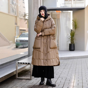 Big Pocket Hooded Down Jacket Women's 2024 Winter New Vintage plus size Loose Warm Knee White Duck Down Jacket