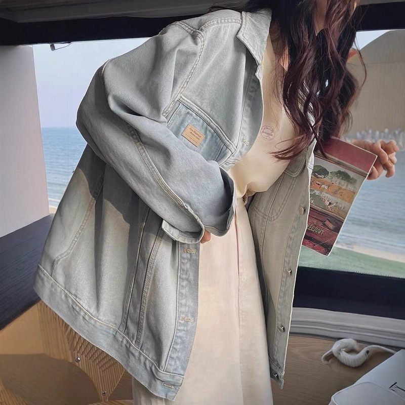 New Simple Korean Style Light Blue Jacket Top Spring Long-Sleeved Versatile Loose Denim Jacket for Women