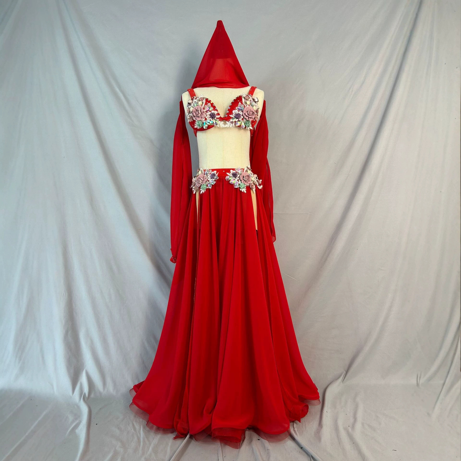 Cross-Border Supply of Red Chiffon Large-Swing Skirt Performance Costumes for Belly Dance, Multi-Color Rhinestone-Embellished Oriental Dance Performance Costumes with Off-The-Shoulder Design