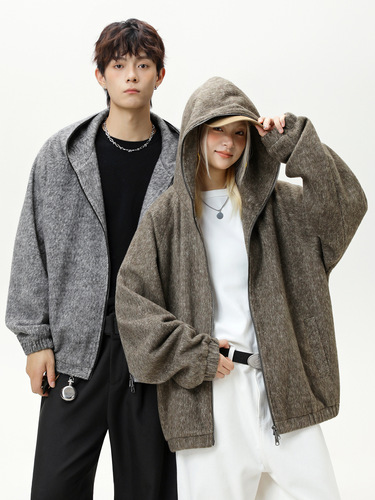 Mohair hooded coat, men's autumn and winter lazy woolen jacket, fashion brand, couples 'loose American retro sweaters q