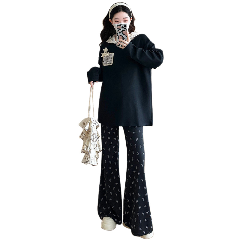 임산부 정장 봄 신상 레이스 스티칭 느슨한 긴팔 T + 프린트 플레어 팬츠 임산부 투피스 정장