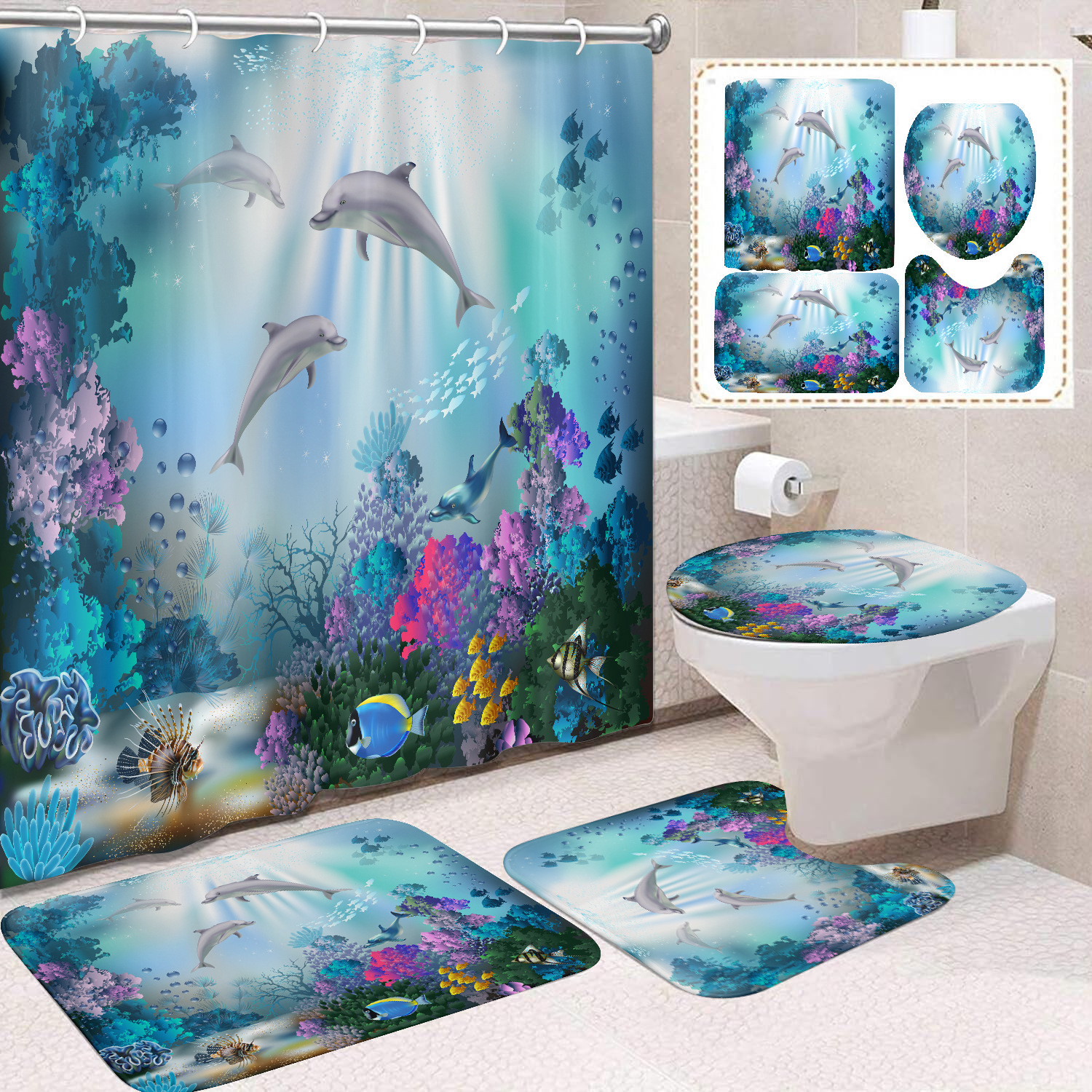 Cortina de ducha transfronteriza con diseño de delfines azules, estampada digitalmente, de poliéster, sin perforaciones, para baño, decoración del hogar image 39