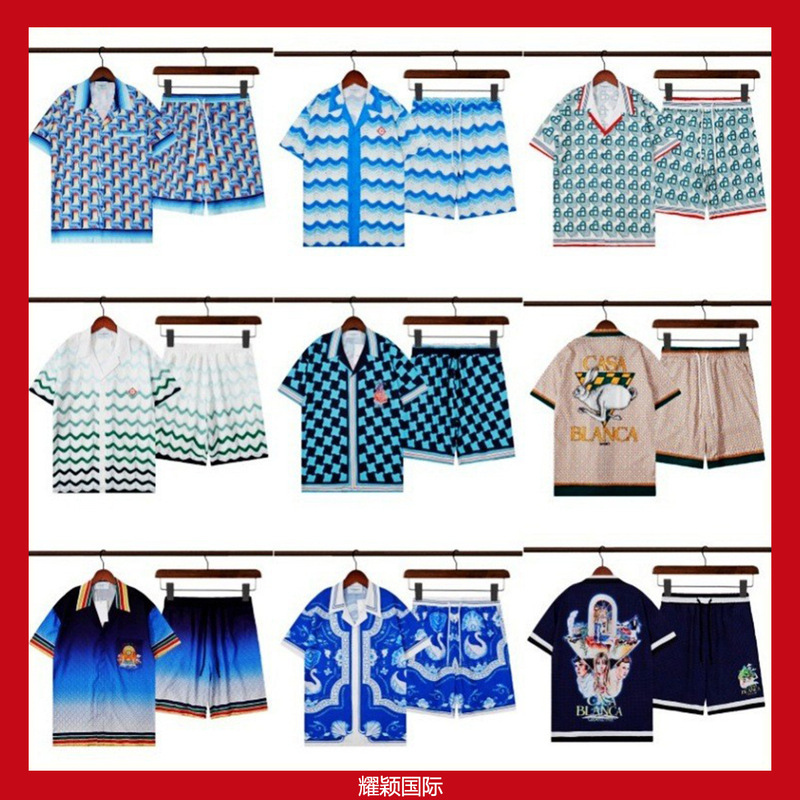 Casablanca Summer Thin Men's Short Sleeve Shirt suit 2024 Retro High Street Hip Hop Beach Pants suit