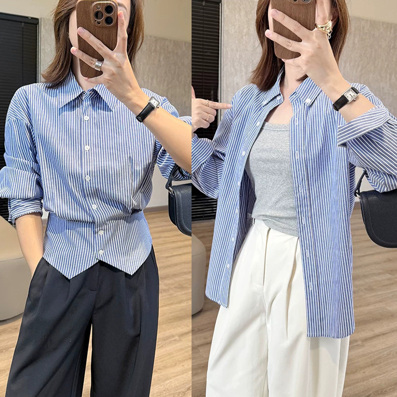 Pretty Little Pretty Miu-Style Striped Shirt [Dual Versions] Anti-Wrinkle, No-Iron, Quality Design, Waist-Cinching, High-Waisted Shirt