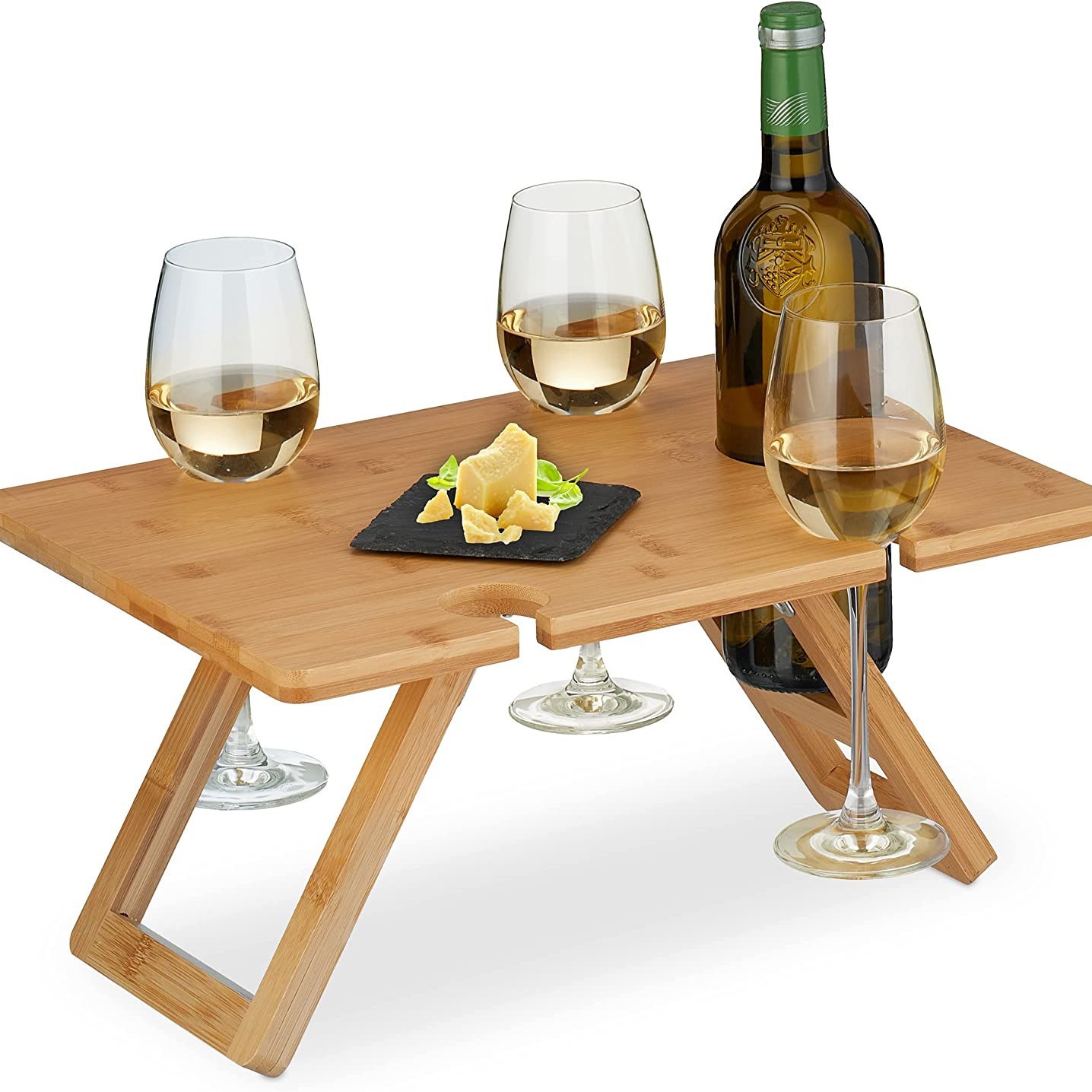 创意竹木折叠餐桌沙滩烧烤户外露营便携式木质野餐桌方形红酒杯桌