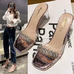 高跟涼拖鞋女2024夏季外穿新款時尚韓版透明水鑽粗跟涼拖水晶拖鞋