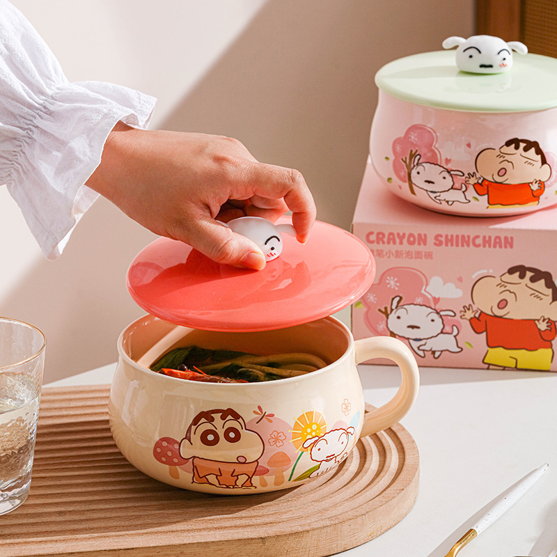 クレヨンしんちゃん共同ブランドインスタントラーメンボウルかわいい大容量両耳蓋付きセラミックスープボウル寮学生朝食ボウル|undefined
