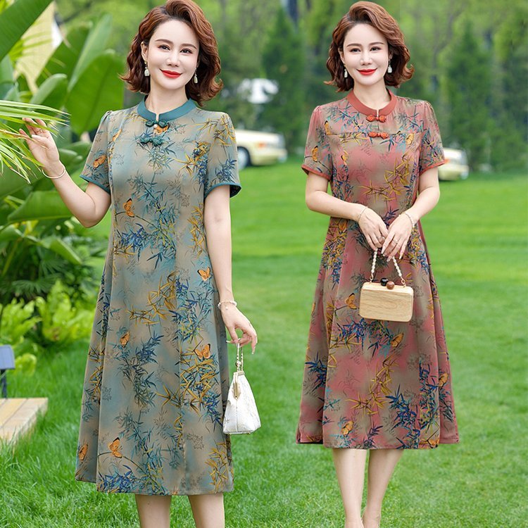 Mom's Summer Dress, Short-Sleeved Skirt, Chinese Style Cheongsam Dress, Middle-Aged and Elderly Women's Dress, Fashionable Chiffon Long Skirt