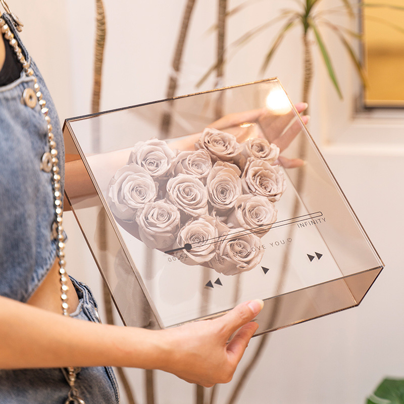 Caja de regalo de amor portátil de espejo personalizado al por mayor flores CD caja de flores de acrílico transparente caja de regalo de tapa de cesta de flores