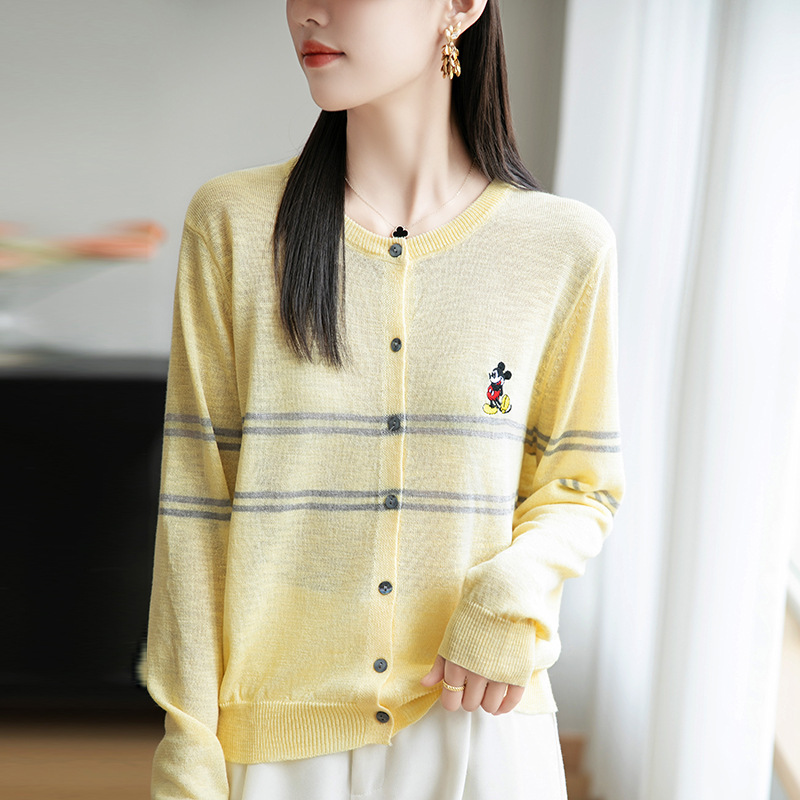 2025 New Summer Style Preppy Style Bamboo Linen Round Neck Knitted Cardigan Long-Sleeved Embroidered Mickey Mouse Stripesd Top