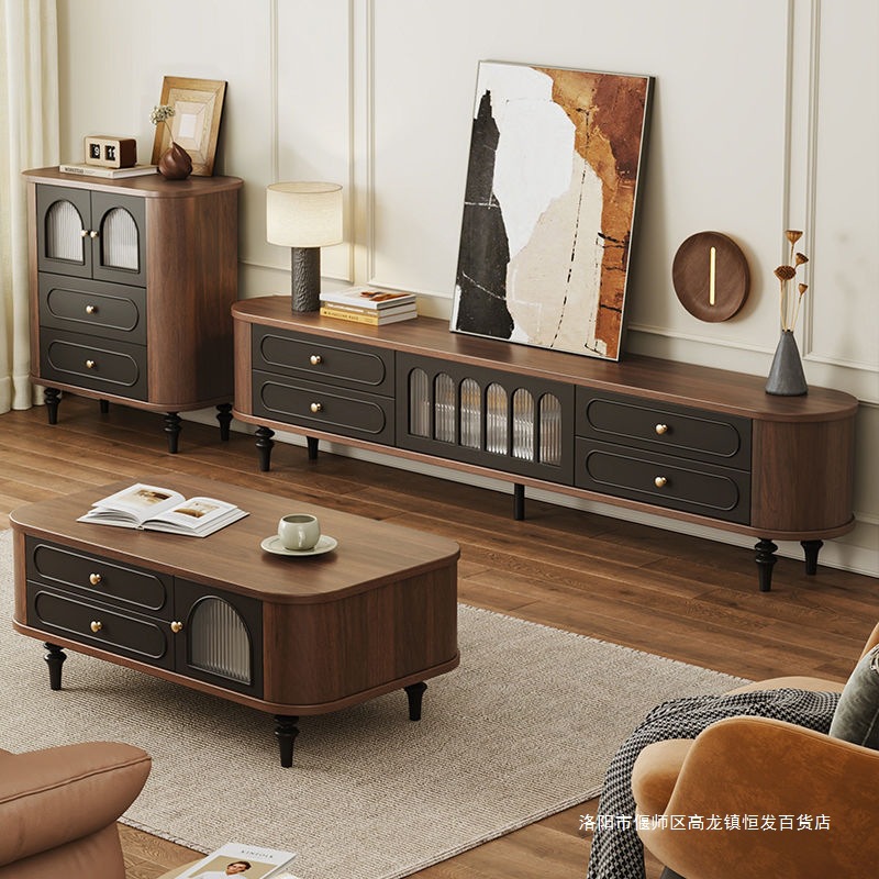 French Tv Cabinet Retro Mid-Century Style Solid Wood Tv Cabinet Coffee Table Combination Living Room Home 2025 New American Style