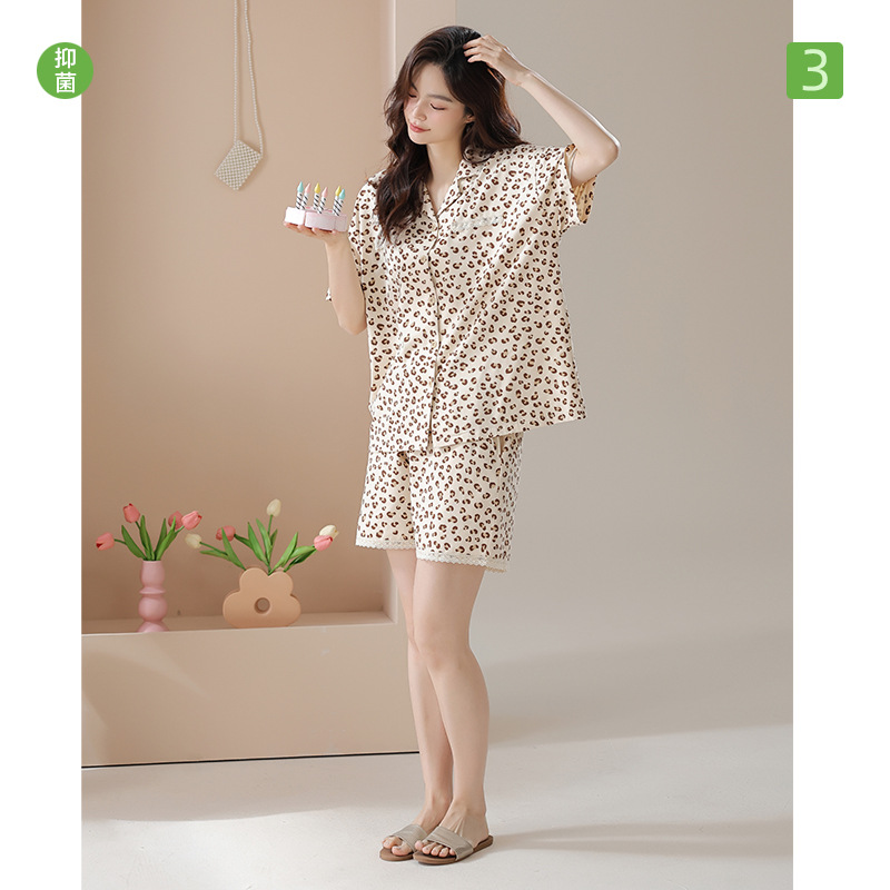 [항균성 신장면] 봄면 반소매 여름 잠옷 여성용 랙 코튼 얇은 레오파드 무늬 홈 의류 세트