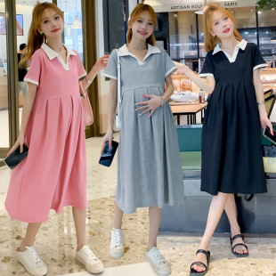 Maternity Dress Pregnant Women's Dress Summer Fashion New Korean Style Loose plus size V-neck Mid-length Slimming Pregnant Women's dress