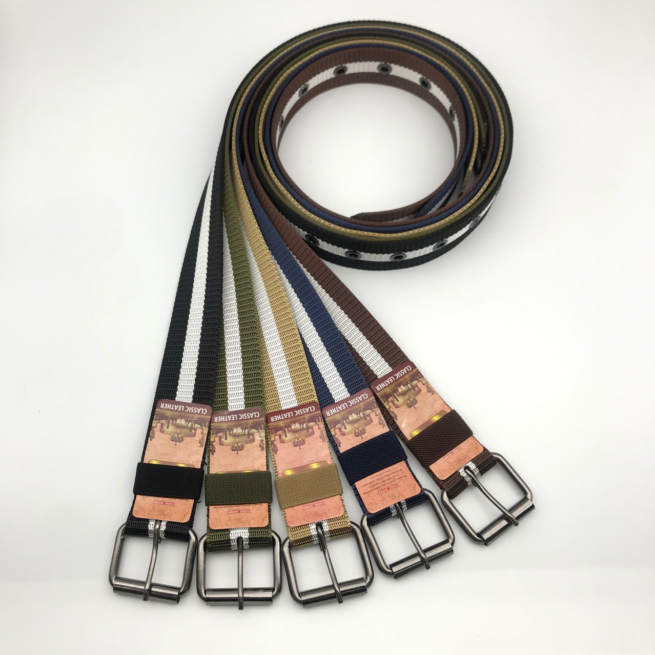 4公分双色尼龙休闲气眼带男士针扣帆布腰带户外加厚编织布皮带