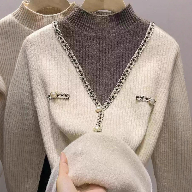 One-Piece Fleece-Lined Thickened Half-Turtleneck Faux Two-Piece Women's Sweater, New Winter Color-Blocked Knitted Base Shirt