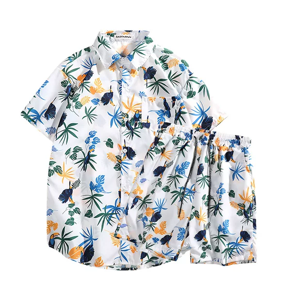 Hawaiian Style Shirt for Men, Ins Summer Loose Short-Sleeved Shorts Set, Trendy and Stylish Beach Floral Couple Clothes