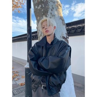 Black Short American Style cleanfit Leather Jacket Men's Autumn and Winter High-end Feeling New-style Handsome Aviator Jacket
