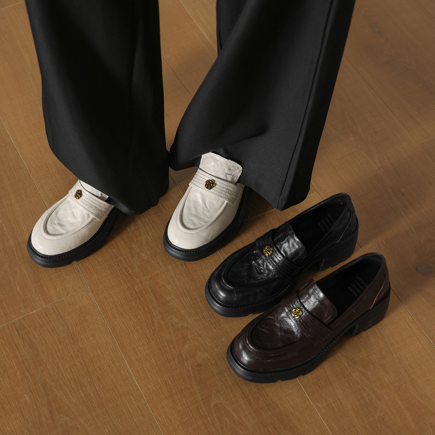 Giày loafer nữ mũi tròn gót vuông dày đế cao 6 cm da cừu — màu nâu