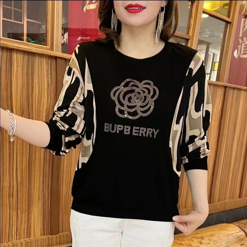 2025 Spring and Autumn Trendy Slimming Fashion Design Rhinestone Middle-Aged and Elderly Women's Stylish Long-Sleeve Patchwork Top