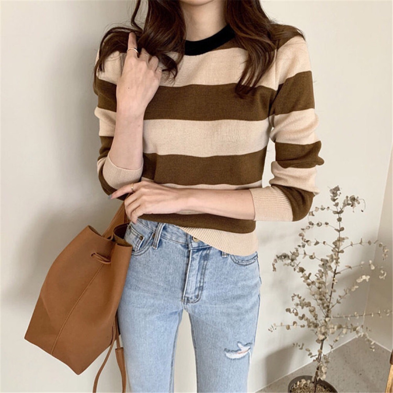 Round Neck Pullover Striped Slim Long-Sleeved Sweater NSFYF86034