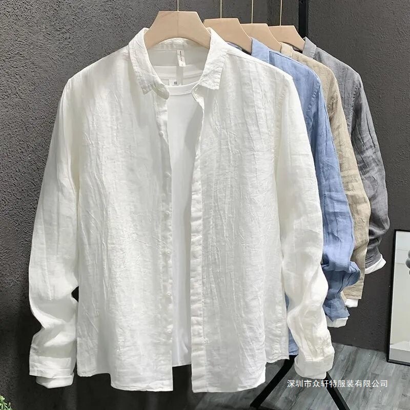 Spring and Summer New Men's Linen Solid Color Lapel Long-Sleeved Shirt Trendy Versatile Loose Casual Shirt Jacket for Men