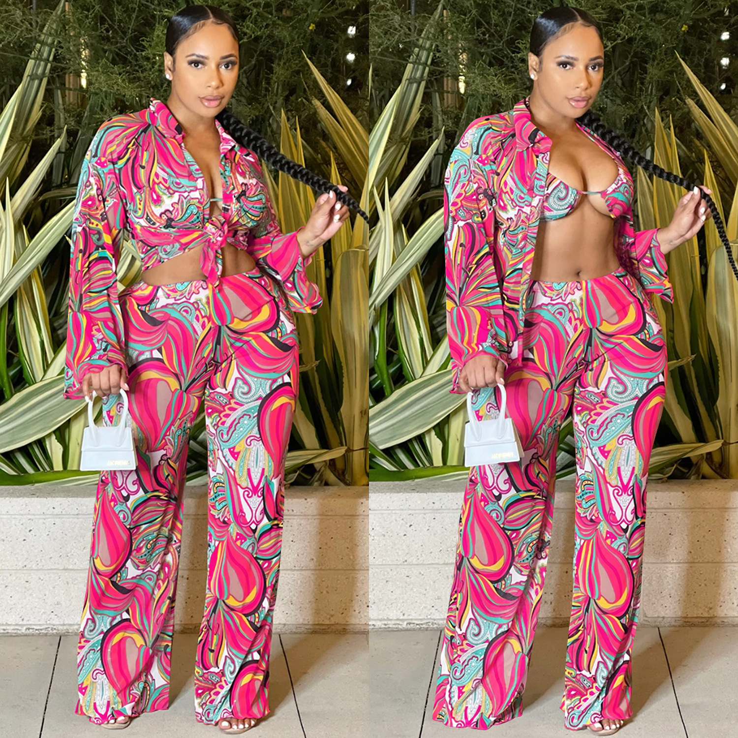 X5839 transfronterizo europeo y americano moda AliExpress Amazonas sexy malla transparente impreso manga larga de tres piezas ropa de mujer