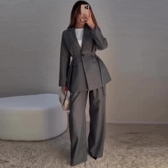 2025秋季新款欧美亚马逊跨境外贸女装气质收腰长袖时尚通勤两件套