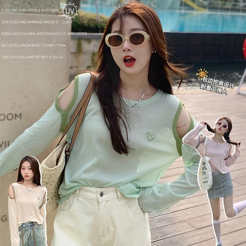 Sun Protection Cover-Up for Women, Summer Thin Style, 2026 New Model, Pullover Round Neck Loose Long-Sleeve T-Shirt, Ice Silk Off-Shoulder Top