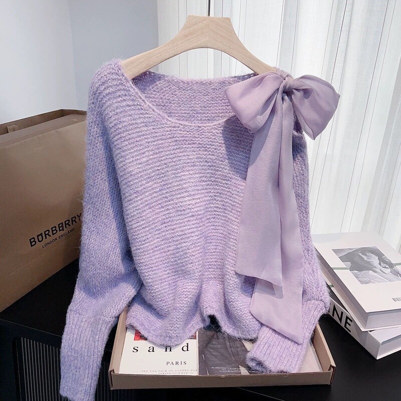 Autumn Gentle Korean Style 2026 New Lace-Up Bow Autumn and Winter Knit Sweater Loose Sweater Lazy Top Purple Autumn Gentle Korean Style 2026 New Lace-Up Bow Autumn and Winter Knit Sweater Loose Sweater Lazy Top Purple
