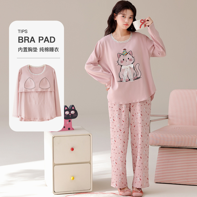 [100% Cotton] Long-sleeved, long-legged pajamas for women, with built-in bra, round neckline, suitable for spring, autumn, and winter, featuring cute cartoon designs, and a sweet and comfortable style for loungewear