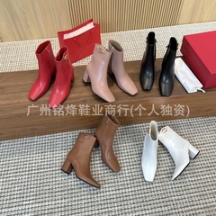 欧美风牛皮短筒靴外贸新款方头侧拉链金属扣粗中跟时装靴超大码女