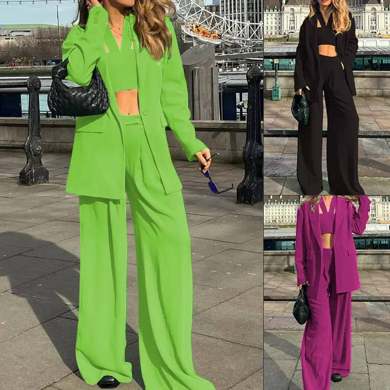 FD1068现货2022秋冬新款时尚气质长袖西装外套休闲长裤套装三件套