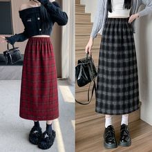 毛呢格子半身裙女秋冬款中长款高腰a字裙显瘦复古一步裙开叉长裙
