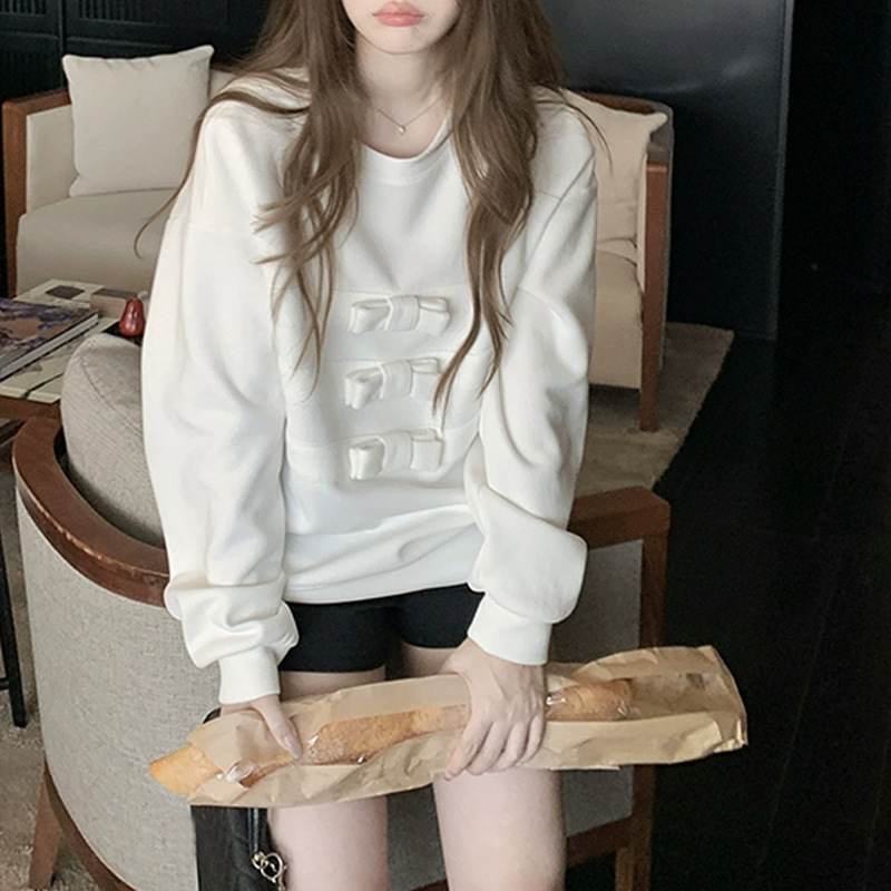 蝴蝶结圆领长袖白色卫衣女2025新款巨好看的无帽短款上衣慵懒风潮|undefined